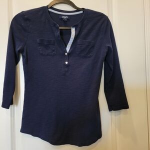 Chaps Blue 3/4 Sleeve Fitted Blouse with Mandarin Collar